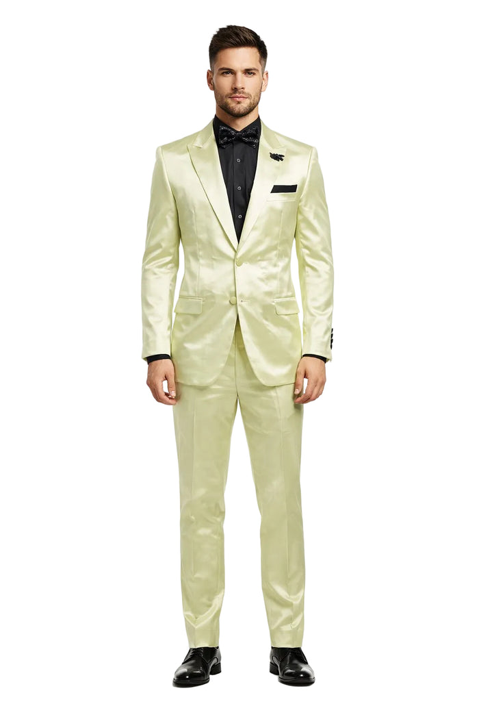 Mens Shiny Blazer - Ivory Sateen Vested Suit