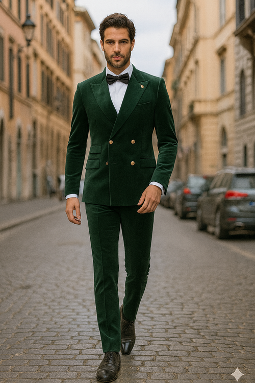 Mens Velvet Suit - Slim Fit  Double Breasted Suit - Blazer and Pants Green