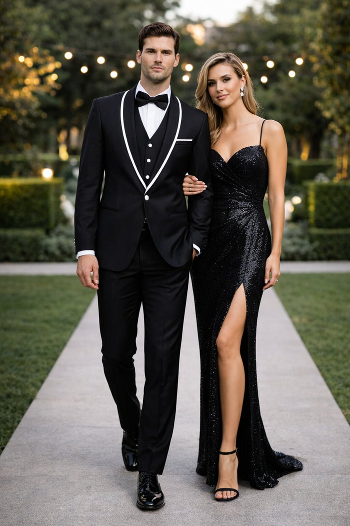 Mens One Button Satin Trim Shawl Tuxedo in Black & White