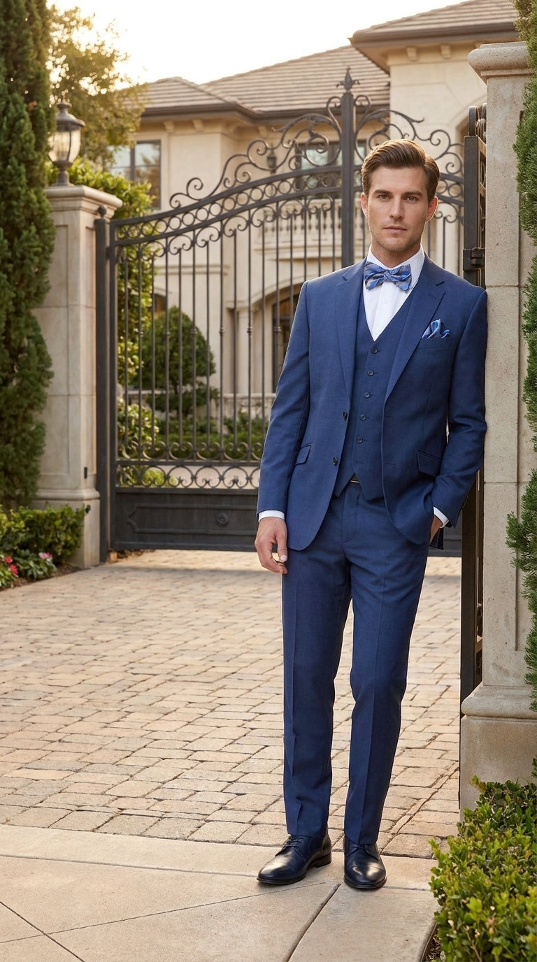 Men’s Big and Tall Indigo Blue 3 Piece Suit, Extra Long Modern Fit Wedding Business Formal Suit