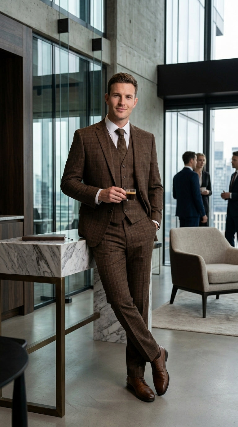 Men’s Brown Windowpane Plaid 3 Piece Suit, Classic Formal Wedding Business Dress Suit Set