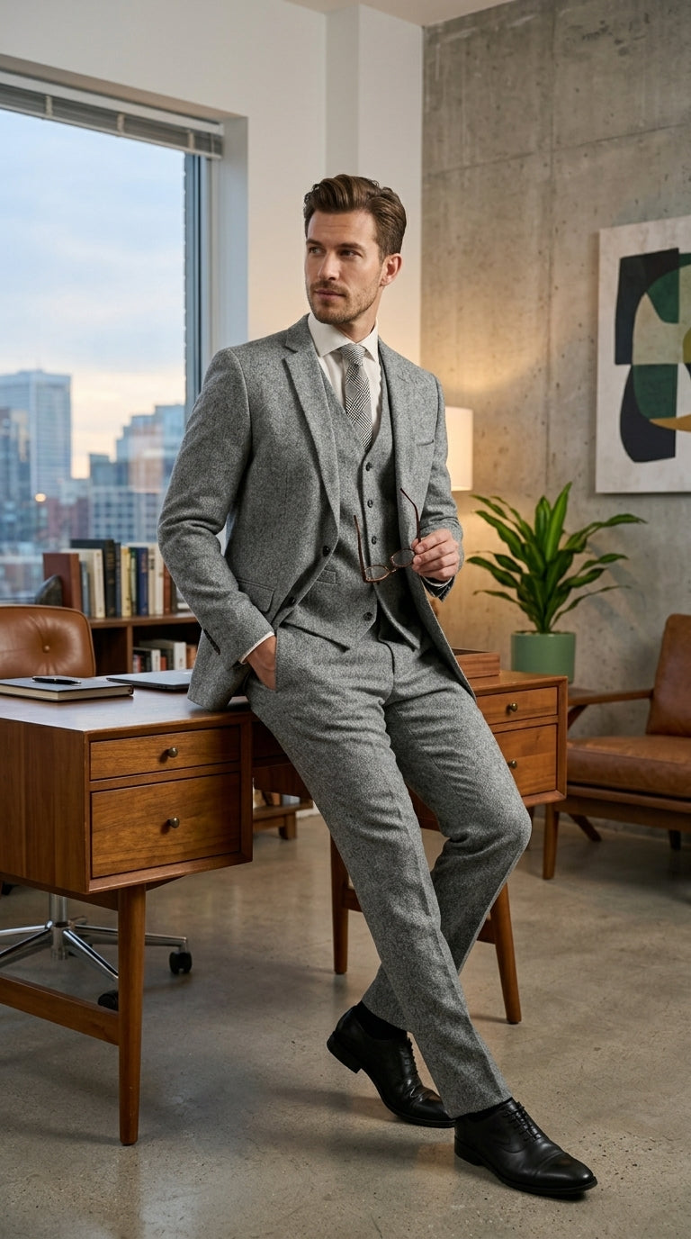 Mens Grey Tweed Three Piece Suit Vintage British Fabric Slim Fit Wedding & Business Wear