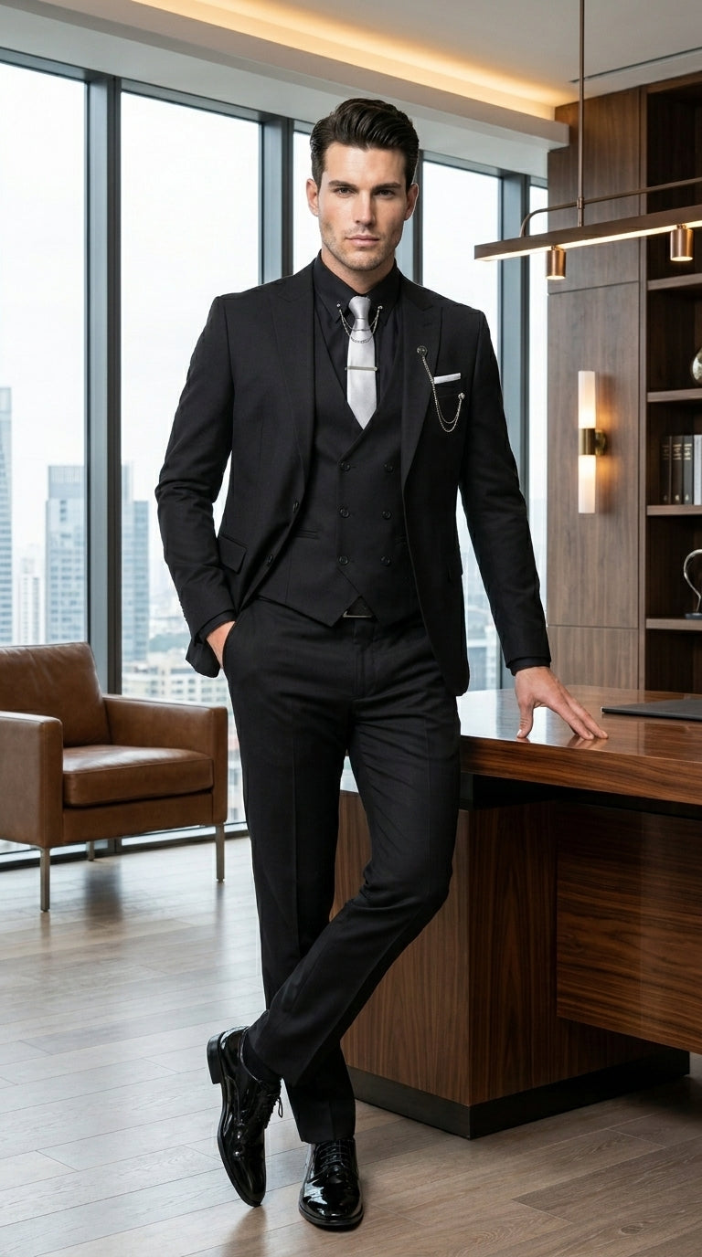 black dress shoes with suit Colmar Oxford Midnight Command attention with HolloShoes Black Slim Fit Tailored Suit Men's Black 3 Piece Suit