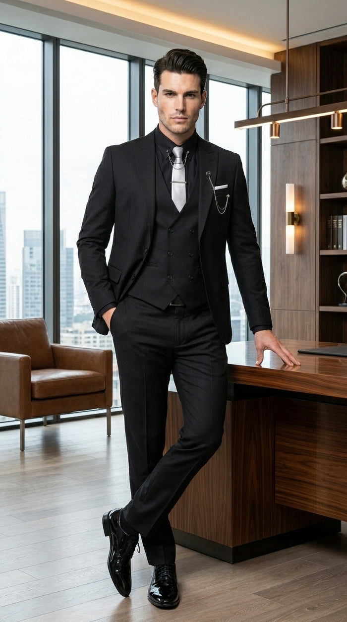 Men’s Black 3 Piece Suit with Double Breasted Vest, Formal Wedding Prom Business Dress Suit Set