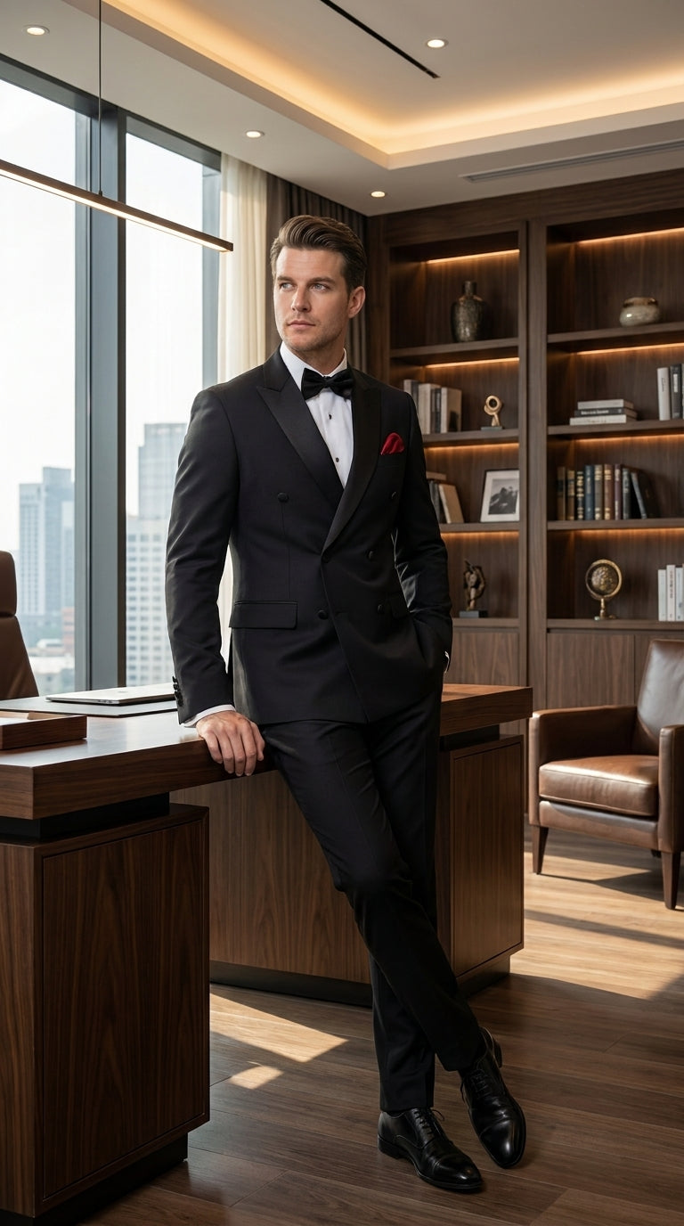 Men’s Black Six Button Double Breasted Tuxedo, 2 Piece Formal Wedding Suit