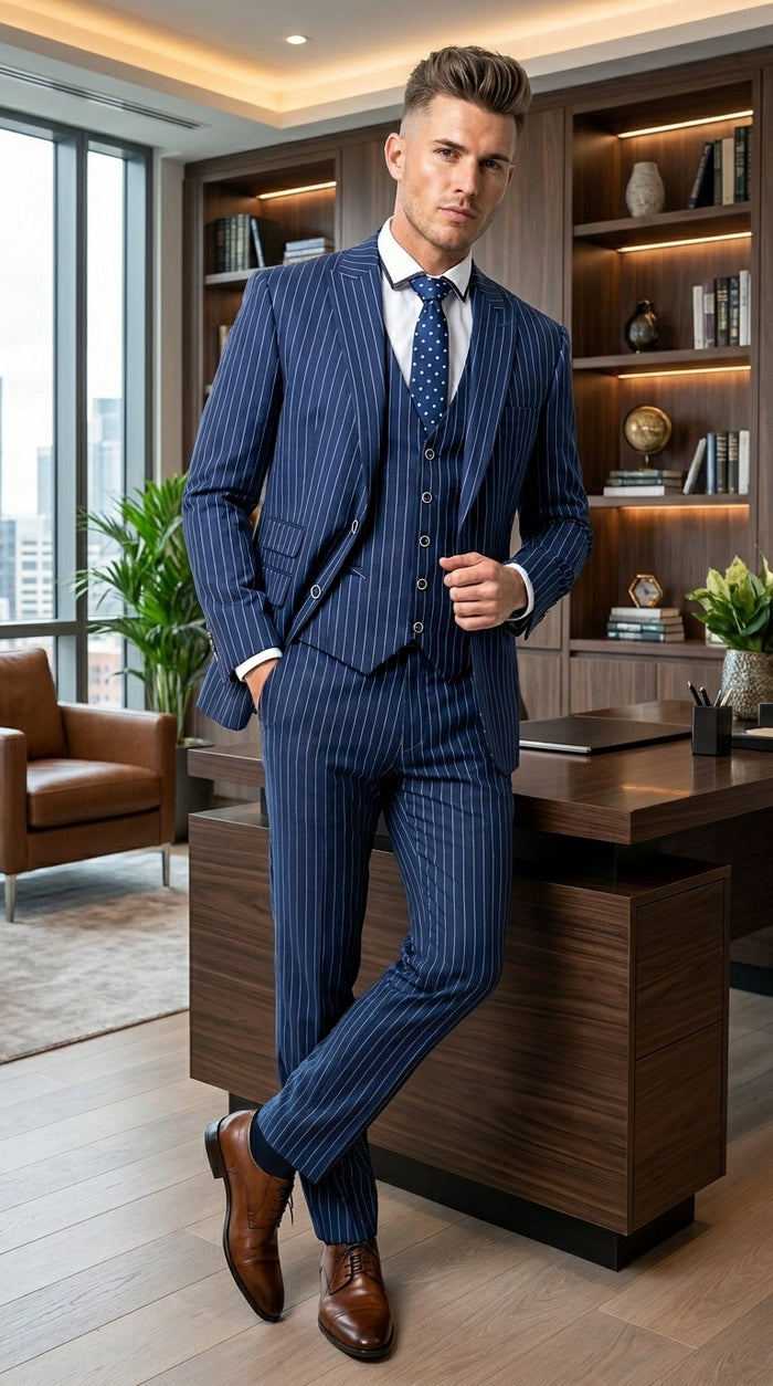 Men’s Navy Blue Vested Bold Gangster Pinstripe Suit, 3 Piece Formal 1920s Dress Suit