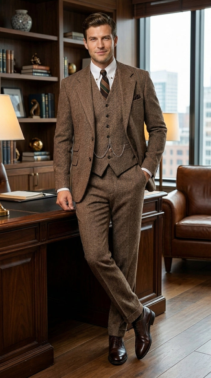 Men’s Great Gatsby Costume Package, Brown 1920s Suit with Vest, Pants, Shirt and Tie
