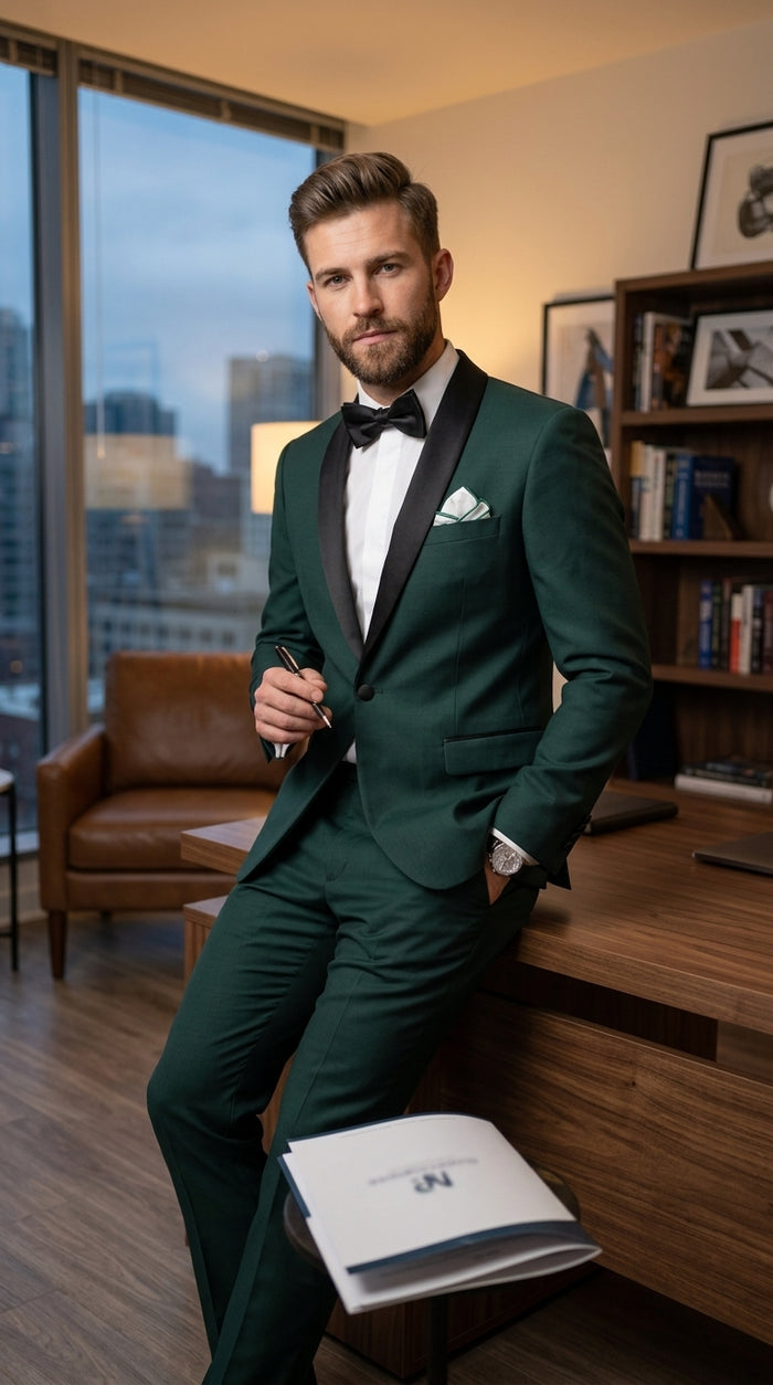Men’s Dark Green Hunter Green Tuxedo with Black Shawl Collar, Formal Wedding Prom Suit