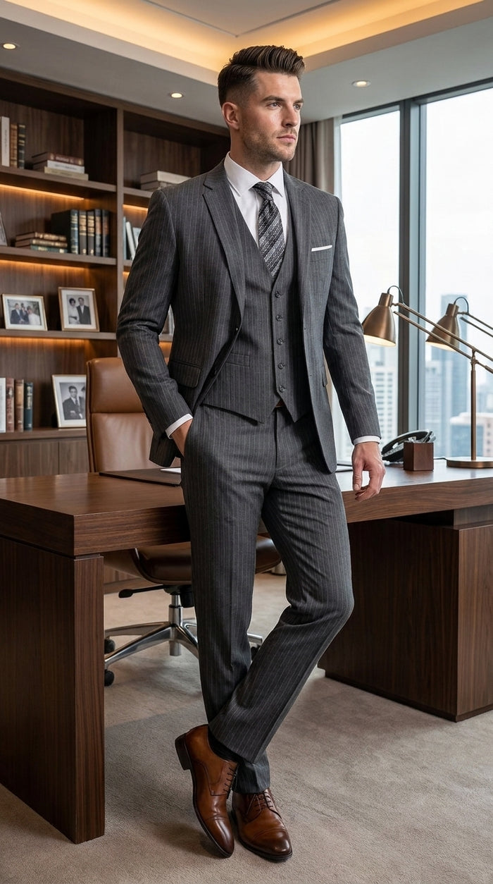 Men’s Charcoal Grey Pinstripe 2 Button Vested Suit, Modern Fit Wool Blend Formal Dress Suit
