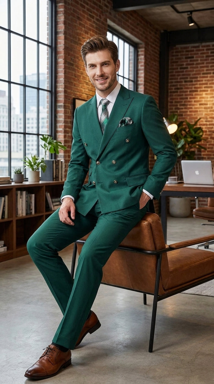 Men’s Hunter Green Double Breasted Wool Suit with Gold Buttons, Modern Fit Formal Wedding Suit