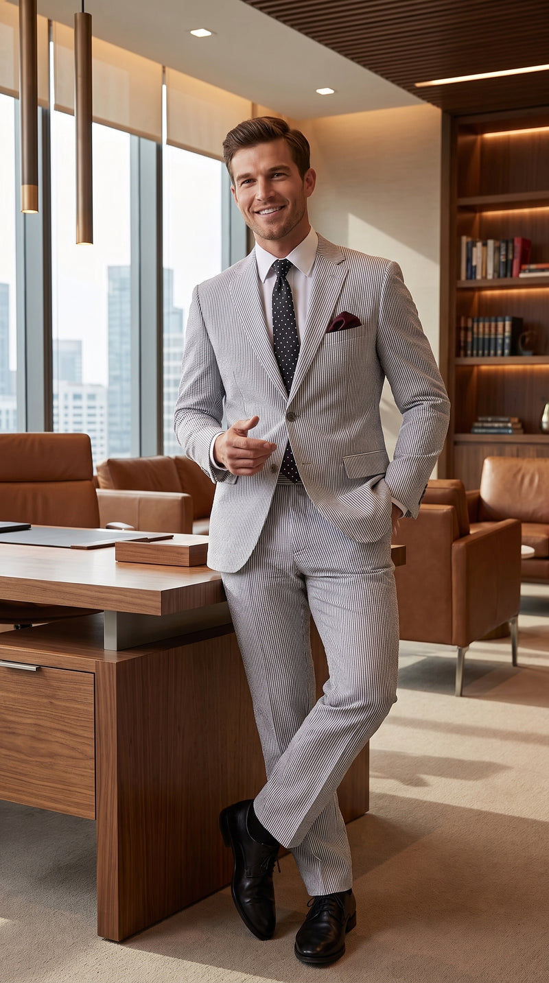 Men’s Black Pinstripe 2 Piece Seersucker Suit, Summer Modern Fit Dress Suit