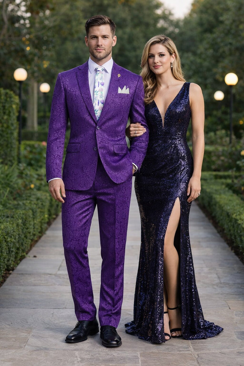 Mens Paisley Pattern Prom Suit – Grape Purple Slim Fit Formal Style