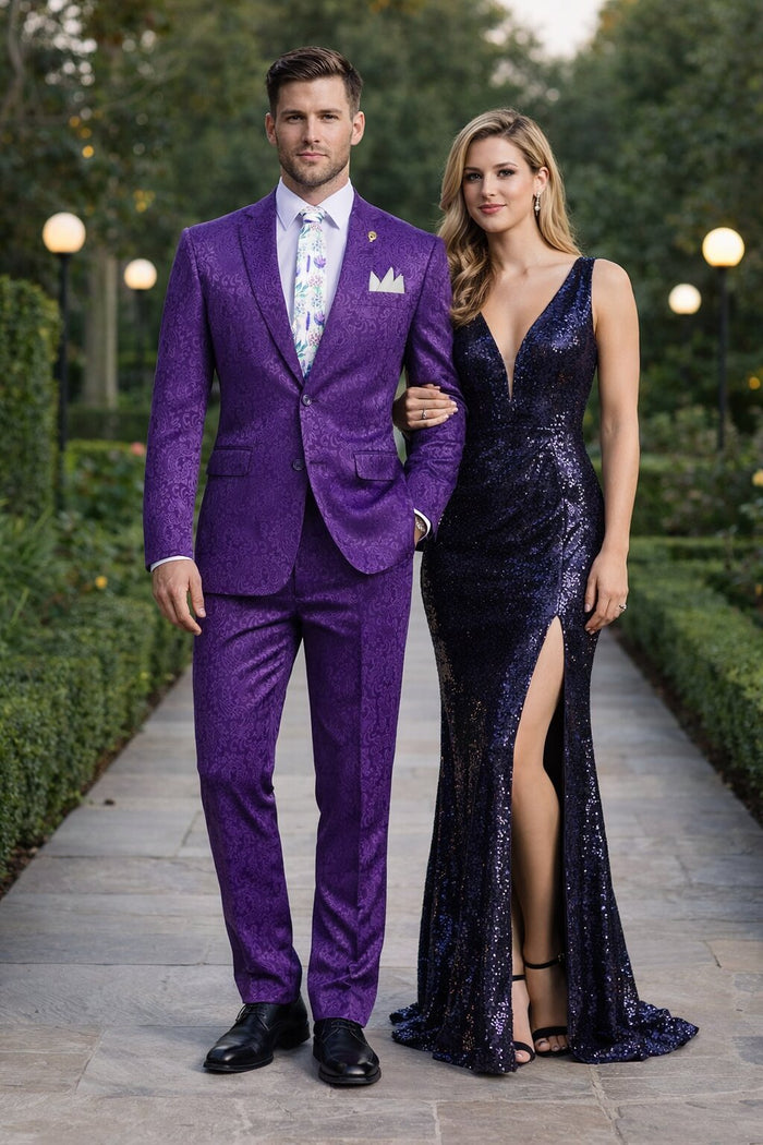 Mens Paisley Pattern Prom Suit – Grape Purple Slim Fit Formal Style