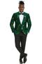 Hunter green slim-fit tuxedo jacket with gold paisley. Single-breasted, peaked lapels, and a satin finish. Features an intricate gold floral motif. Includes white shirt and matching bow tie.

