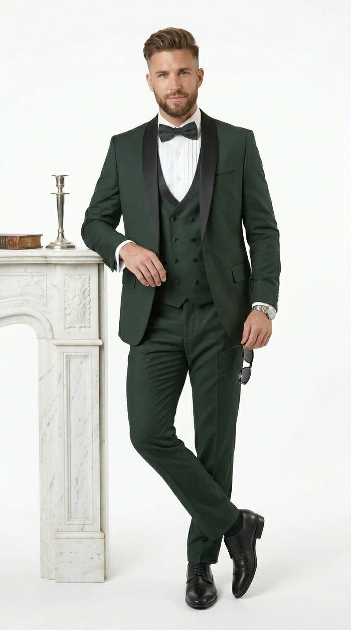Men’s Hunter Green Vested Tuxedo Suit with Black Trim Shawl Lapel, Wedding Prom Formal Suit Set