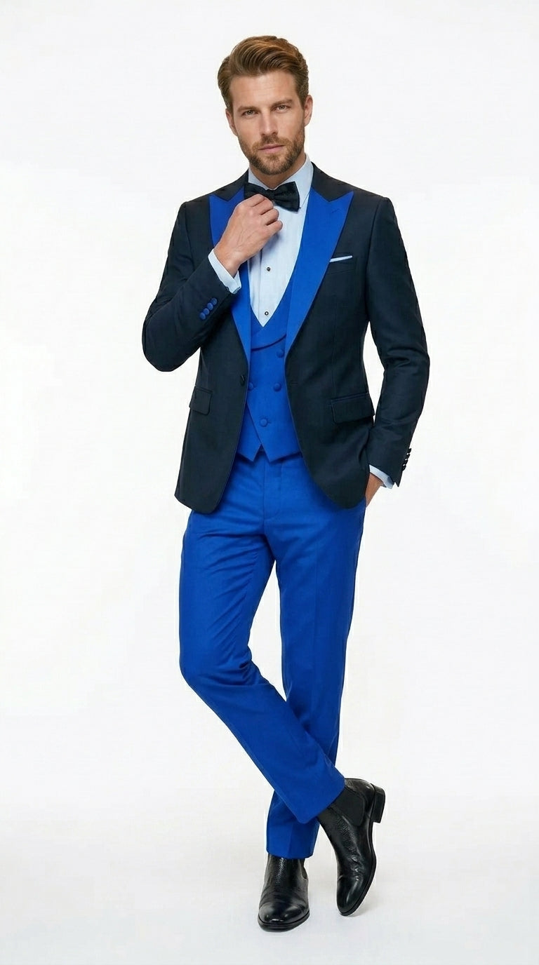 Men’s Black and Royal Blue 100% Wool Vested Tuxedo Suit with Peak Lapel, Wedding Prom Formal Suit Set