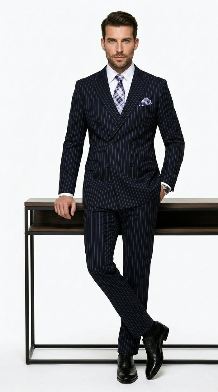 Men’s Navy Pinstripe Double Breasted Suit, Statement Formal Wedding Business Dress Suit