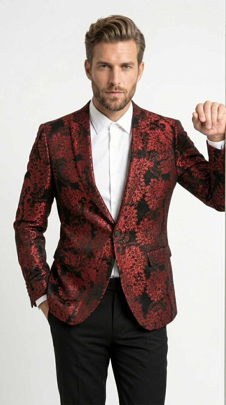 Men’s Red and Black Retro Paris Floral Suit, Designer Formal Wedding Prom Party Blazer Set