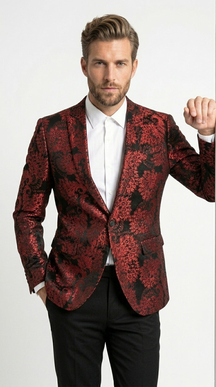 Men’s Red and Black Retro Paris Floral Suit, Designer Formal Wedding Prom Party Blazer Set