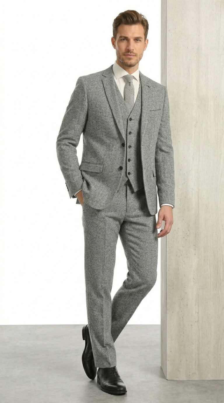 Mens Grey Tweed Three Piece Suit Vintage British Fabric Slim Fit Wedding & Business Wear
