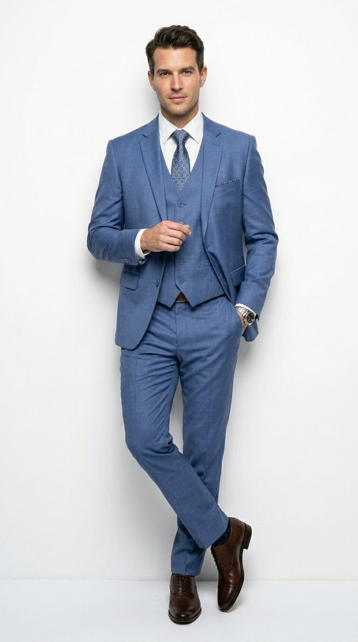 Men’s Steel Blue 3 Piece Prom Suit, Dusty Blue Vested Wedding Formal Suit Set