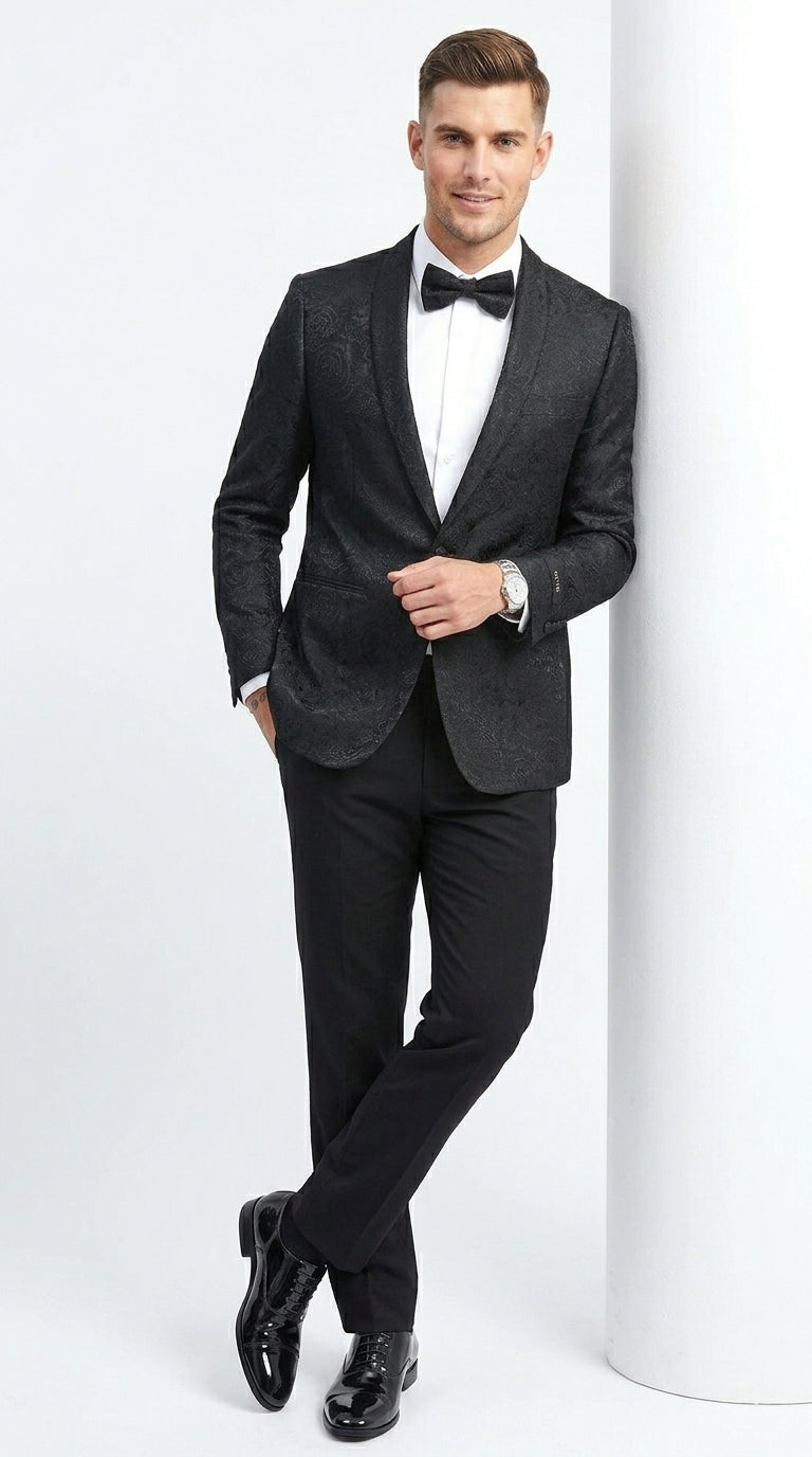 Men’s Black Floral Patterned Tuxedo Jacket, Formal Wedding Prom Dinner Blazer with Shawl Lapel