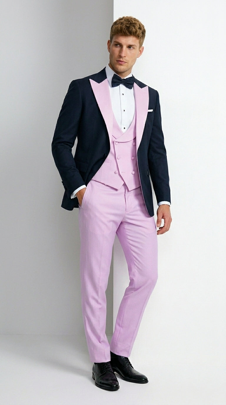 Men’s Black and Pink 100% Wool Vested Tuxedo, Peak Lapel Wedding Prom Formal Suit Set