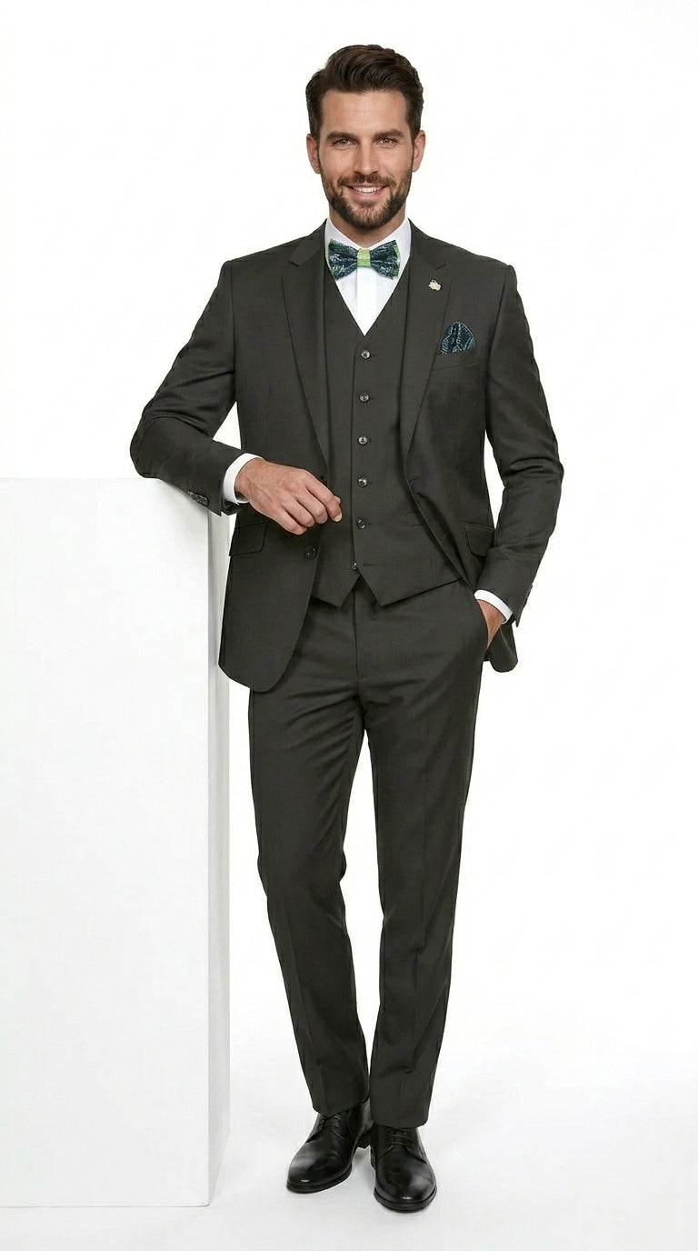 Statement Men’s Solid Olive 100% Wool Vested Suit, Formal Wedding Business 3 Piece Suit Set