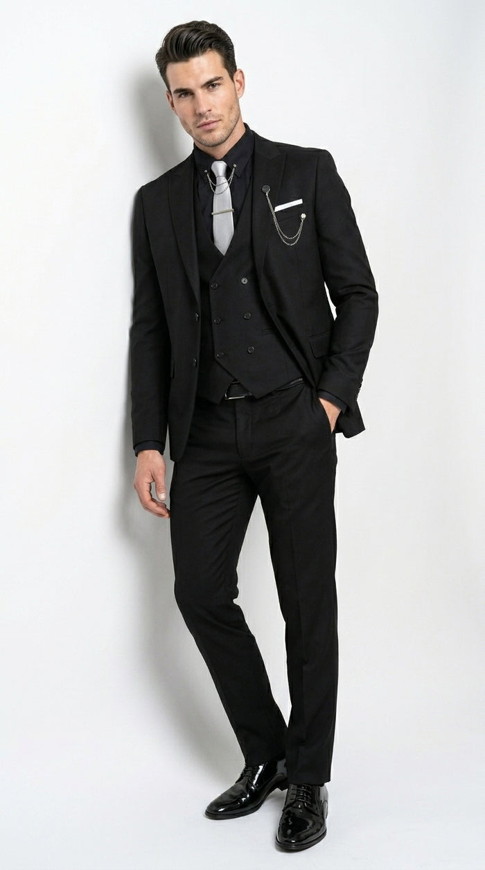 Men’s Black 3 Piece Suit with Double Breasted Vest, Formal Wedding Prom Business Dress Suit Set