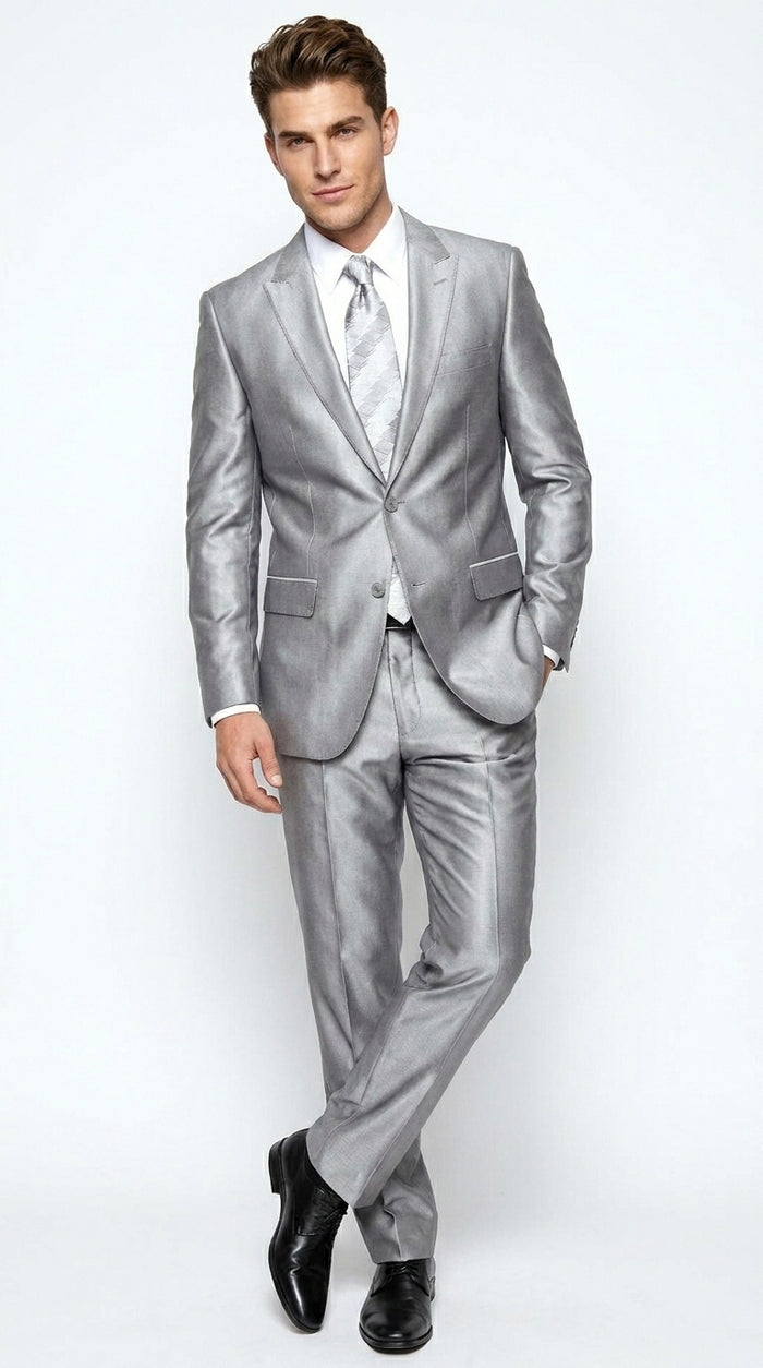 Men’s Silver Shiny Sharkskin 2 Button Suit, Peak Lapel Formal Wedding Prom Dress Suit Set