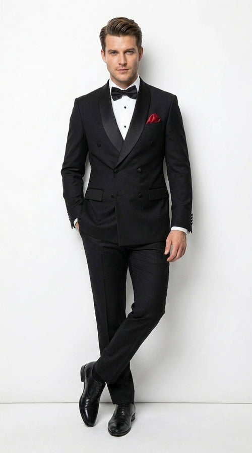 Men’s Black Six Button Double Breasted Tuxedo, 2 Piece Formal Wedding Suit