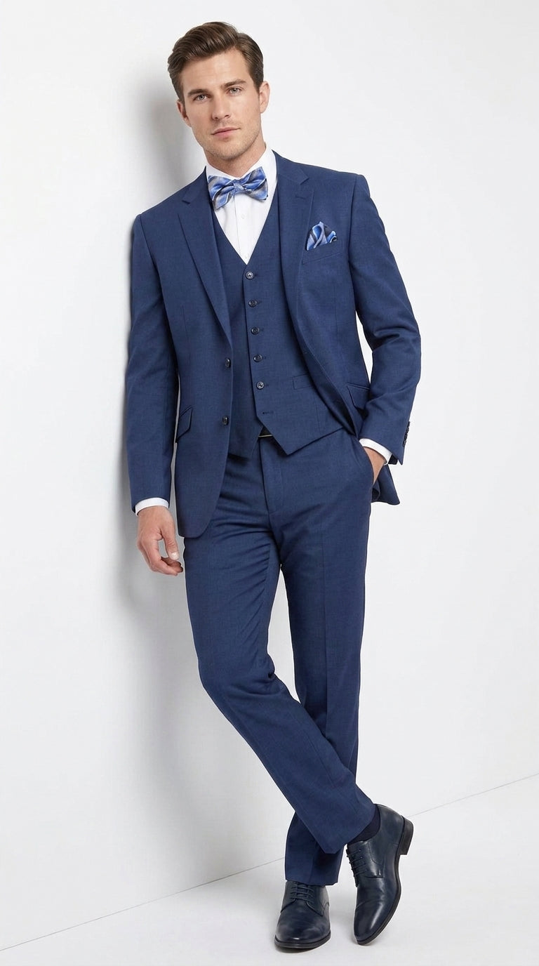 Men’s Big and Tall Indigo Blue 3 Piece Suit, Extra Long Modern Fit Wedding Business Formal Suit