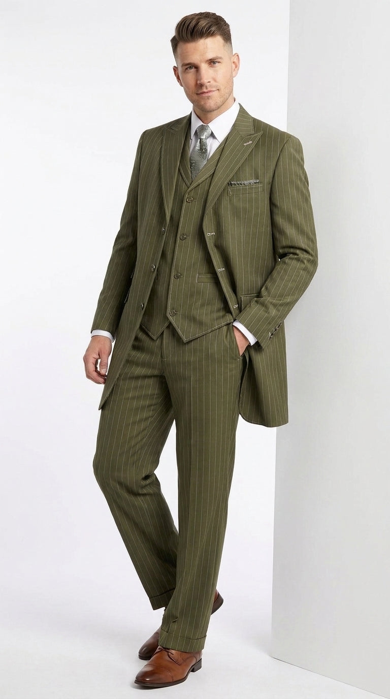 Men’s Big and Tall Olive Pinstripe 3 Piece Suit, Plus Size Long Jacket Formal Wedding Business Suit