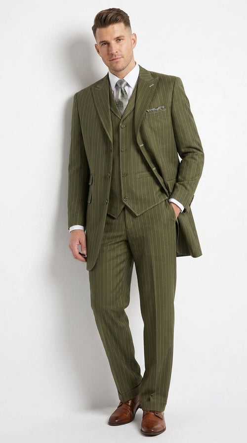 Men’s Big and Tall Olive Pinstripe 3 Piece Suit, Plus Size Long Jacket Formal Wedding Business Suit