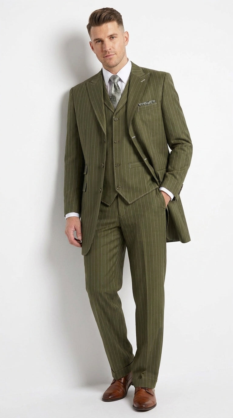 Men’s Big and Tall Olive Pinstripe 3 Piece Suit, Plus Size Long Jacket Formal Wedding Business Suit