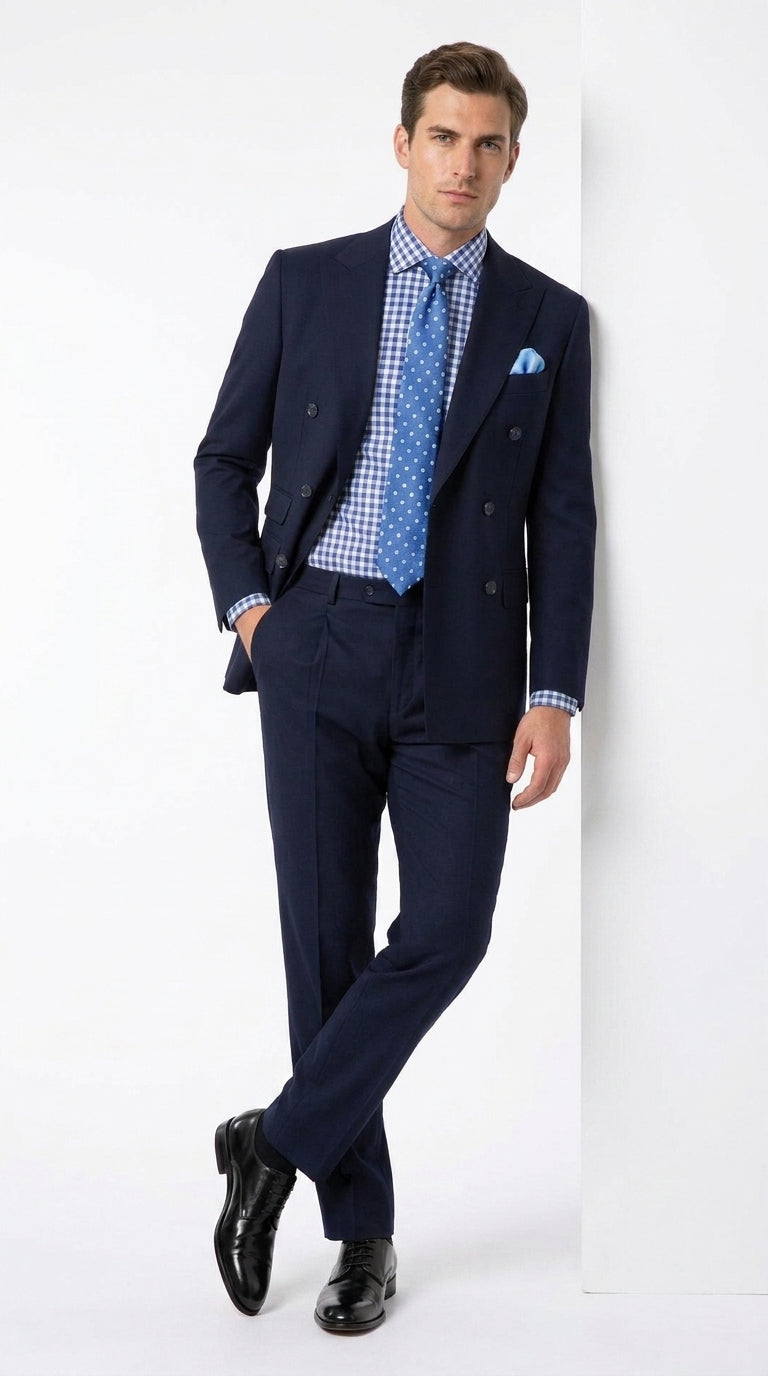 Apollo King Men’s Navy Blue 2 Piece Double Breasted Suit, Pleated Pants Formal Business Wedding Suit