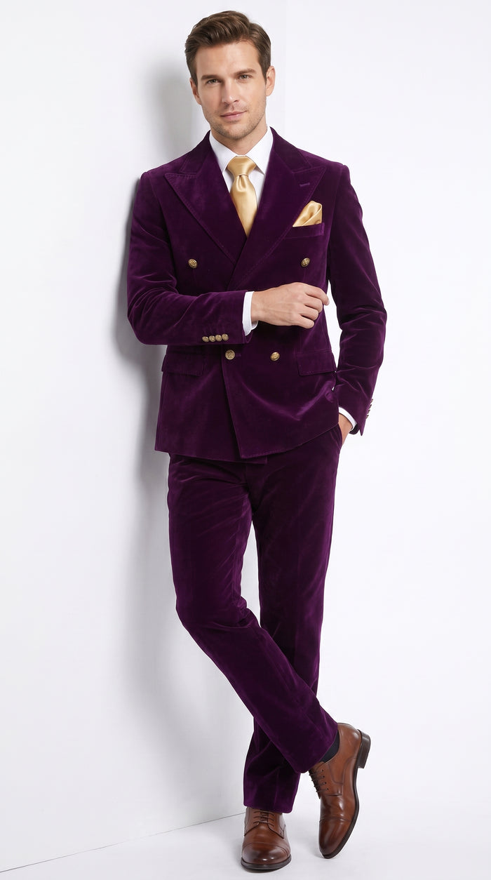 Men’s Rossi Man Zeus Purple Velvet Double Breasted Tuxedo Suit, Formal Wedding Prom Dinner Suit Set