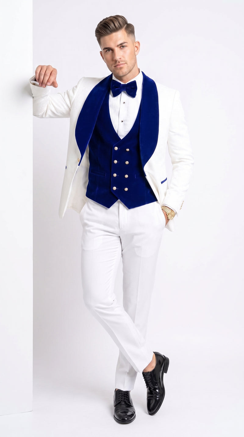 Men’s White and Royal Blue 3-Piece Tuxedo – Groom Wedding and Prom Suit with Velvet Shawl Lapel