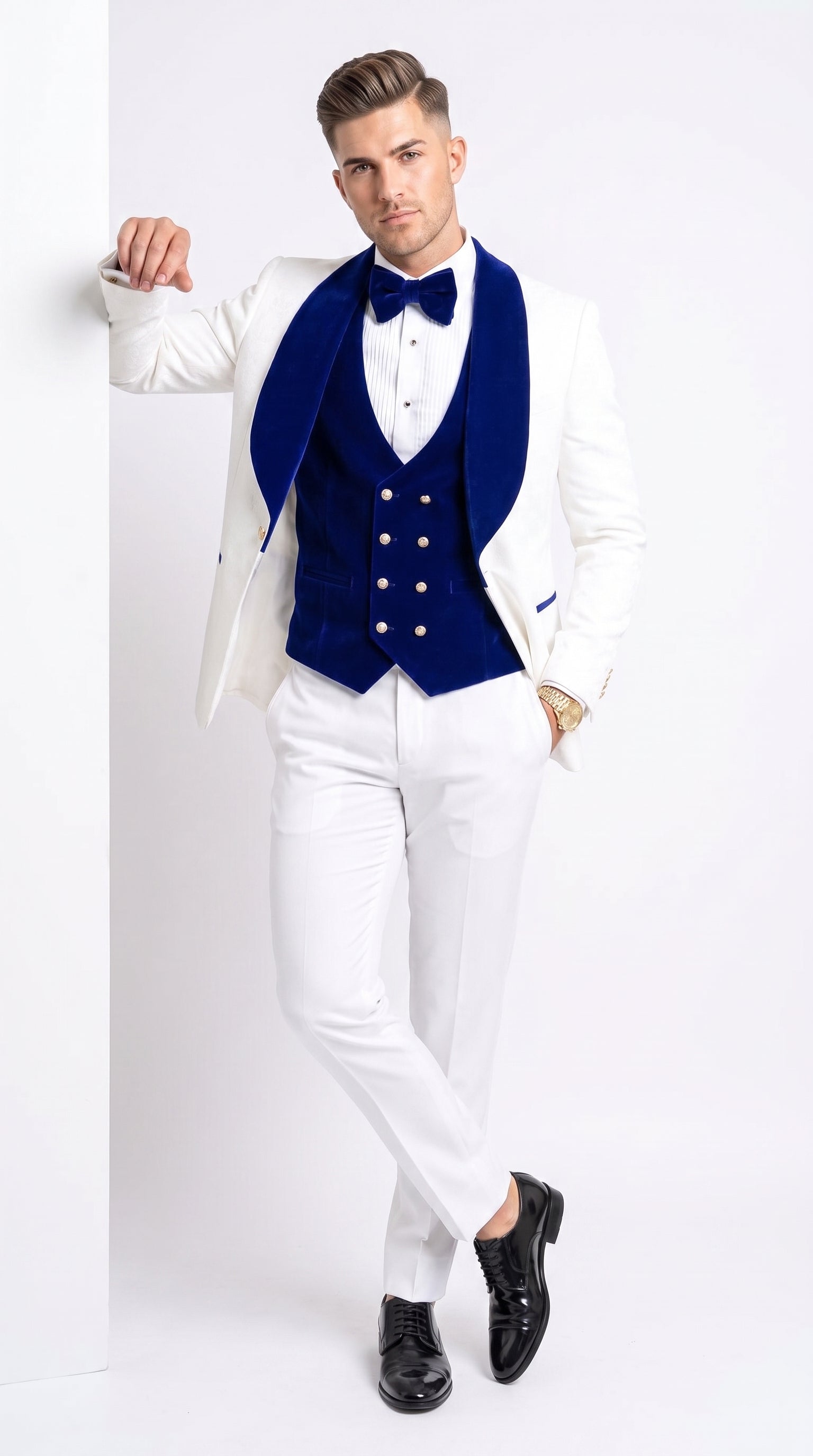 Men’s White and Royal Blue 3-Piece Tuxedo – Groom Wedding and Prom Suit with Velvet Shawl Lapel