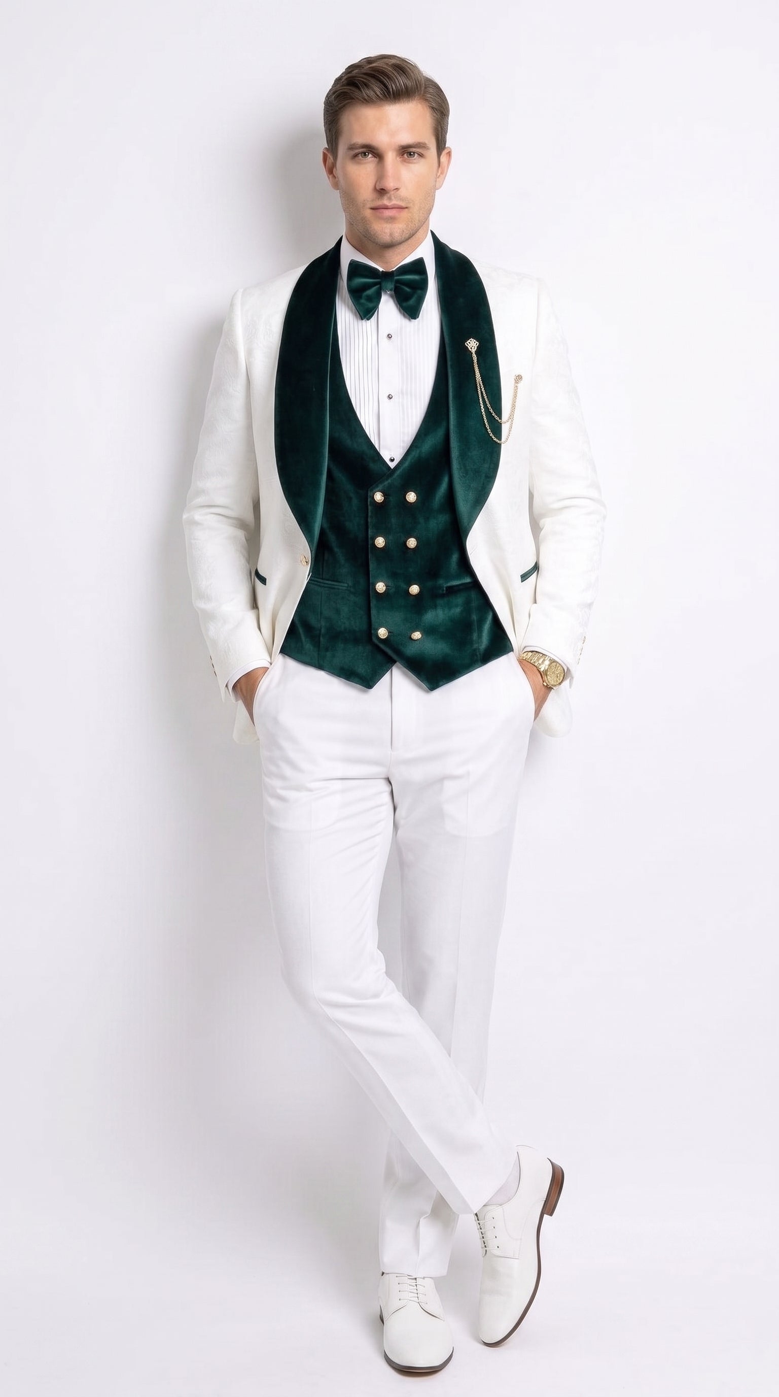 Men’s White and Dark Green 3-Piece Tuxedo – Groom Wedding and Prom Suit with Velvet Shawl Lapel