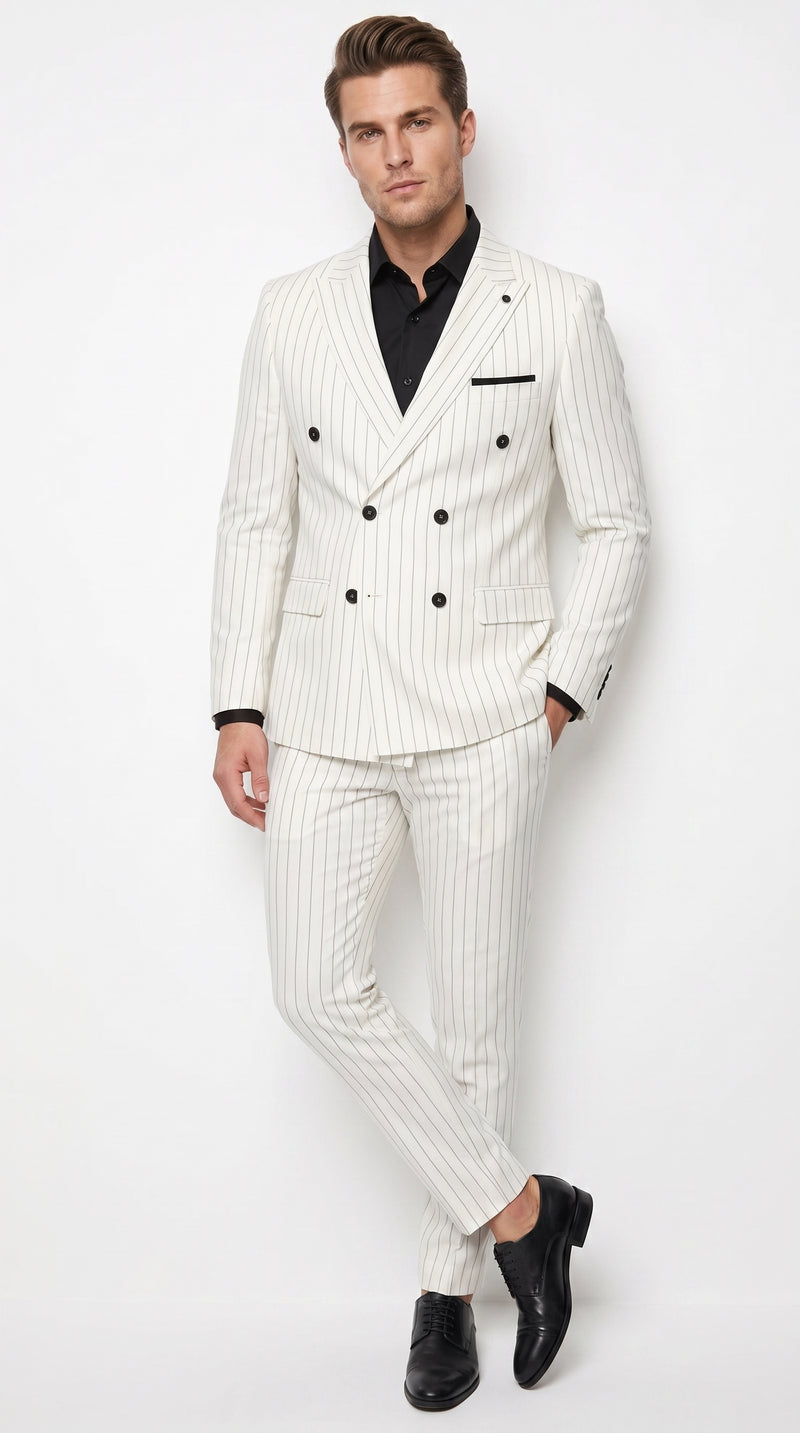 Men’s White Pinstripe Double Breasted Suit – Vintage 1920s 1940s Gangster Dress Suit