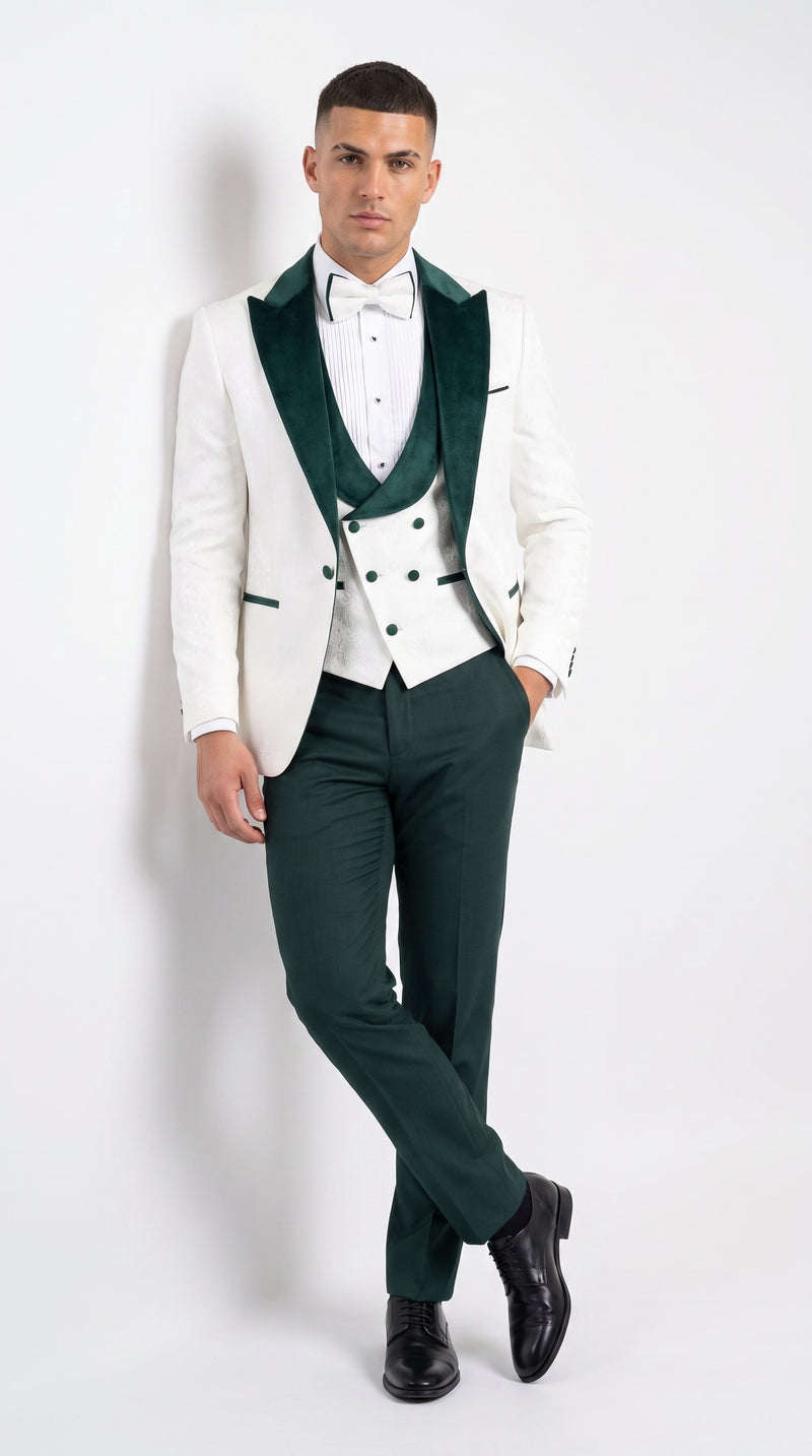 Men’s White and Hunter Green 3-Piece Wedding Tuxedo – White Dinner Jacket with Hunter Green Shawl Lapel