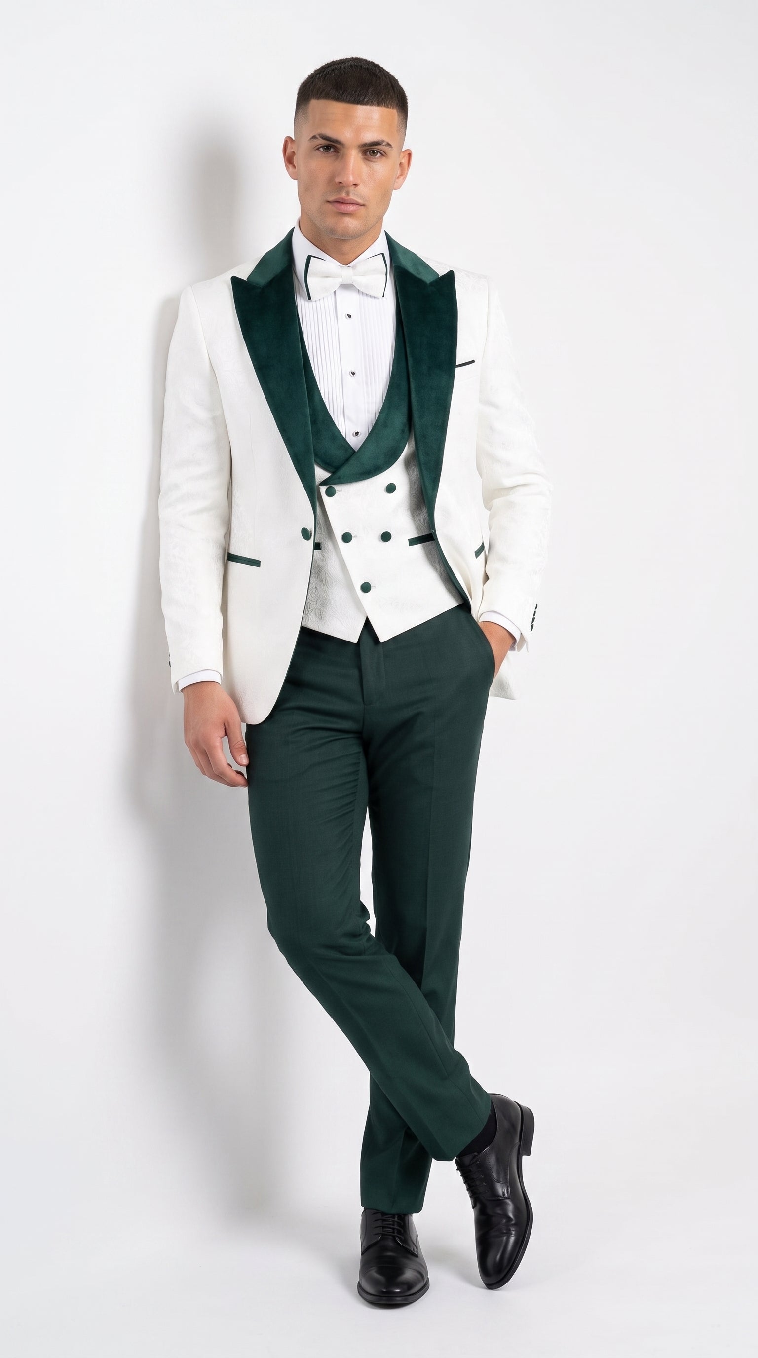Men’s White and Hunter Green 3-Piece Wedding Tuxedo – White Dinner Jacket with Hunter Green Shawl Lapel