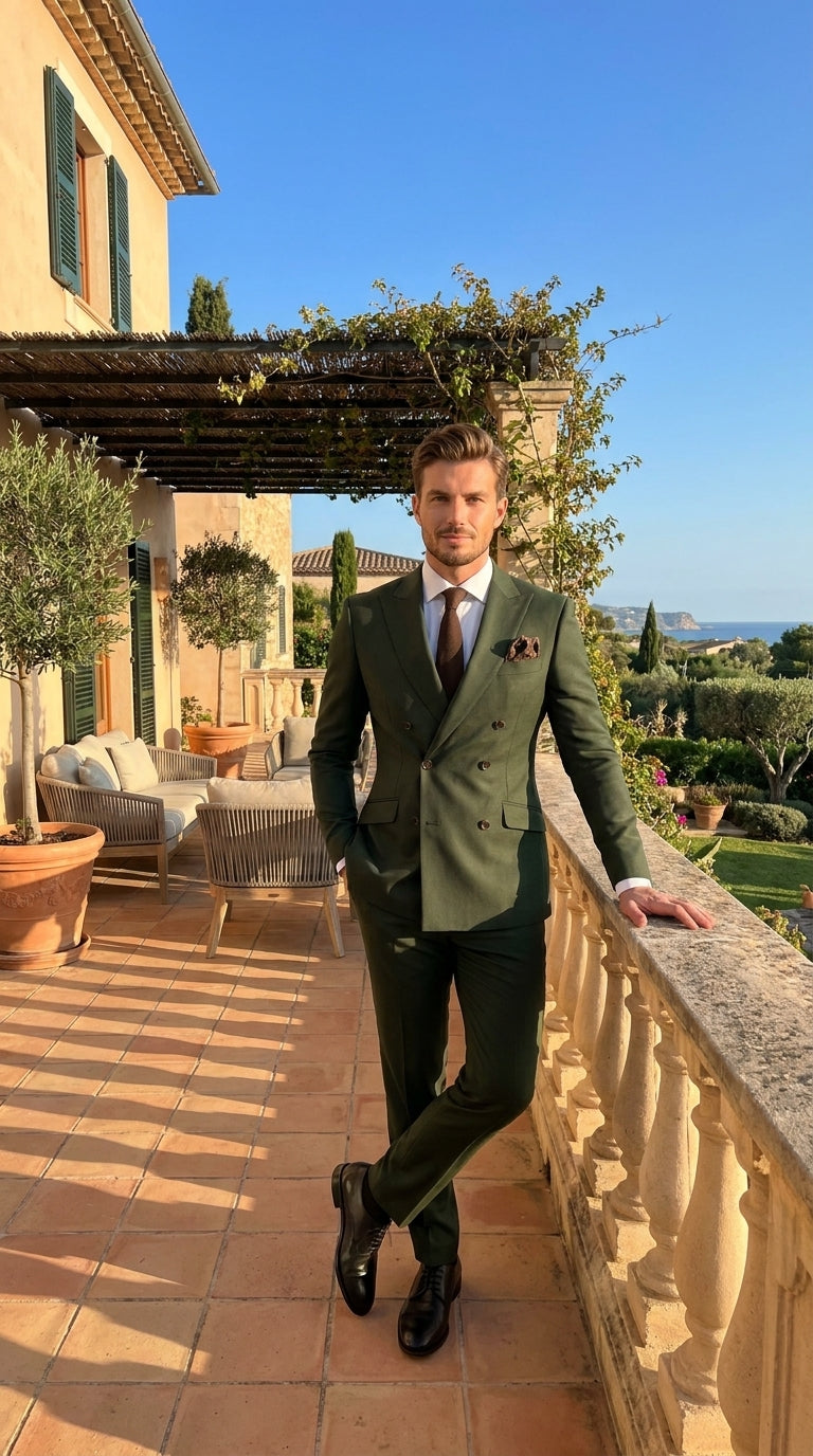Men’s Dark Green Double Breasted Suit, Tapered Fit Formal Wedding Business Dress Suit