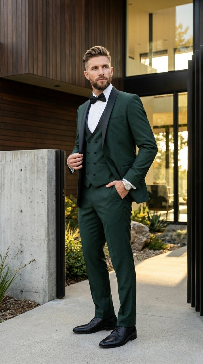 Men’s Hunter Green Vested Tuxedo Suit with Black Trim Shawl Lapel, Wedding Prom Formal Suit Set