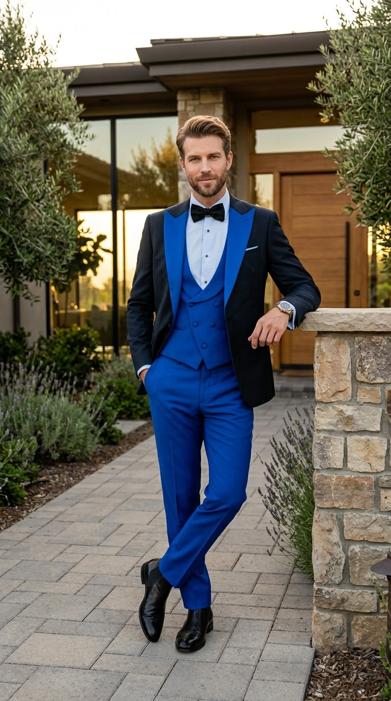 Men’s Black and Royal Blue 100% Wool Vested Tuxedo Suit with Peak Lapel, Wedding Prom Formal Suit Set