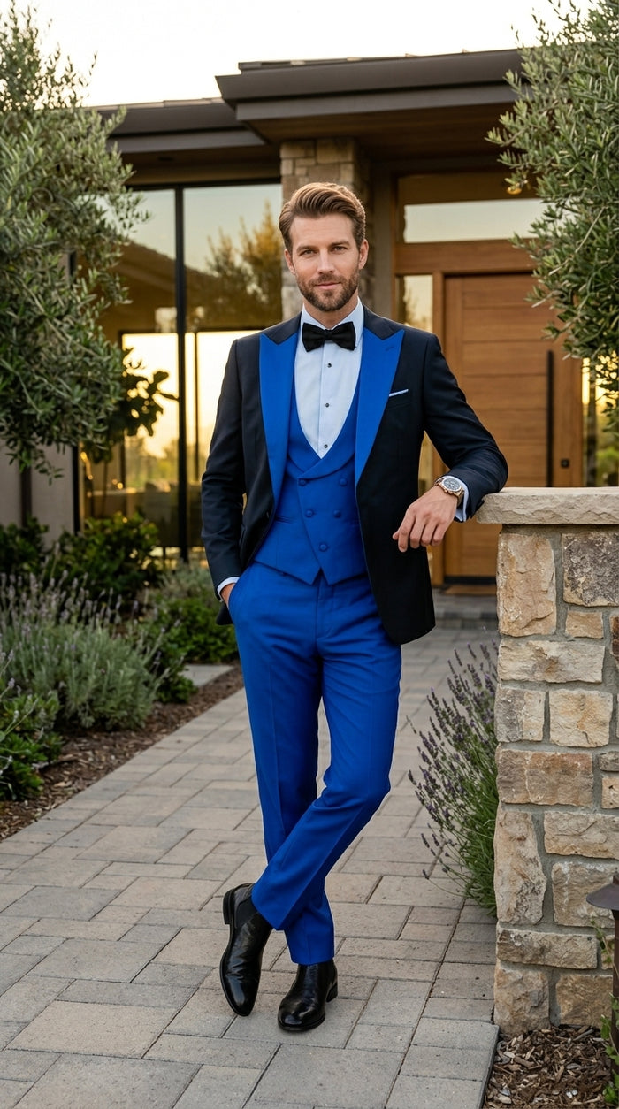 Men’s Black and Royal Blue 100% Wool Vested Tuxedo Suit with Peak Lapel, Wedding Prom Formal Suit Set