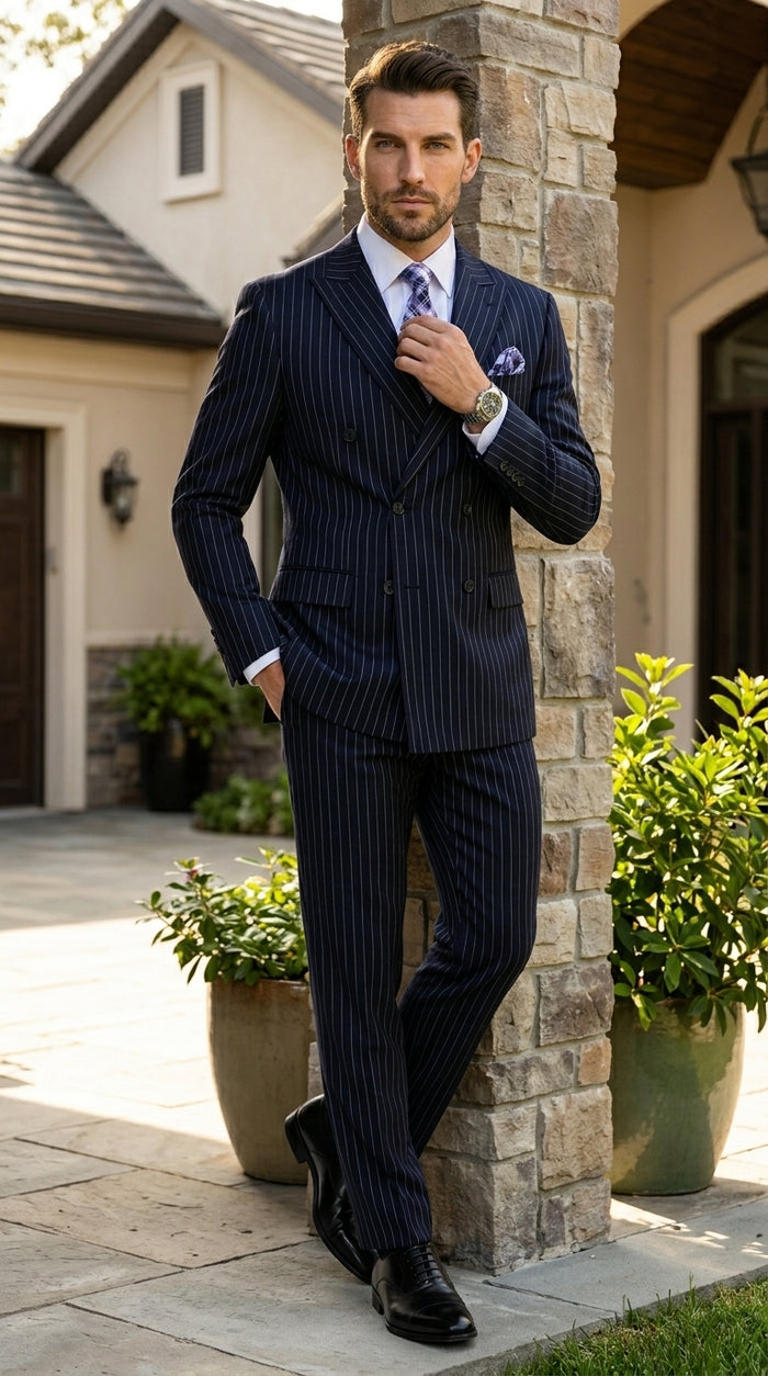 Men’s Navy Pinstripe Double Breasted Suit, Statement Formal Wedding Business Dress Suit