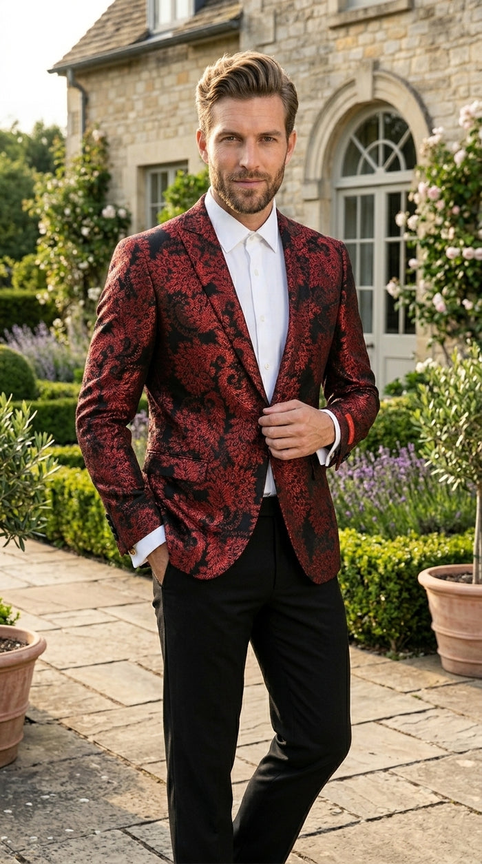 Men’s Red and Black Retro Paris Floral Suit, Designer Formal Wedding Prom Party Blazer Set