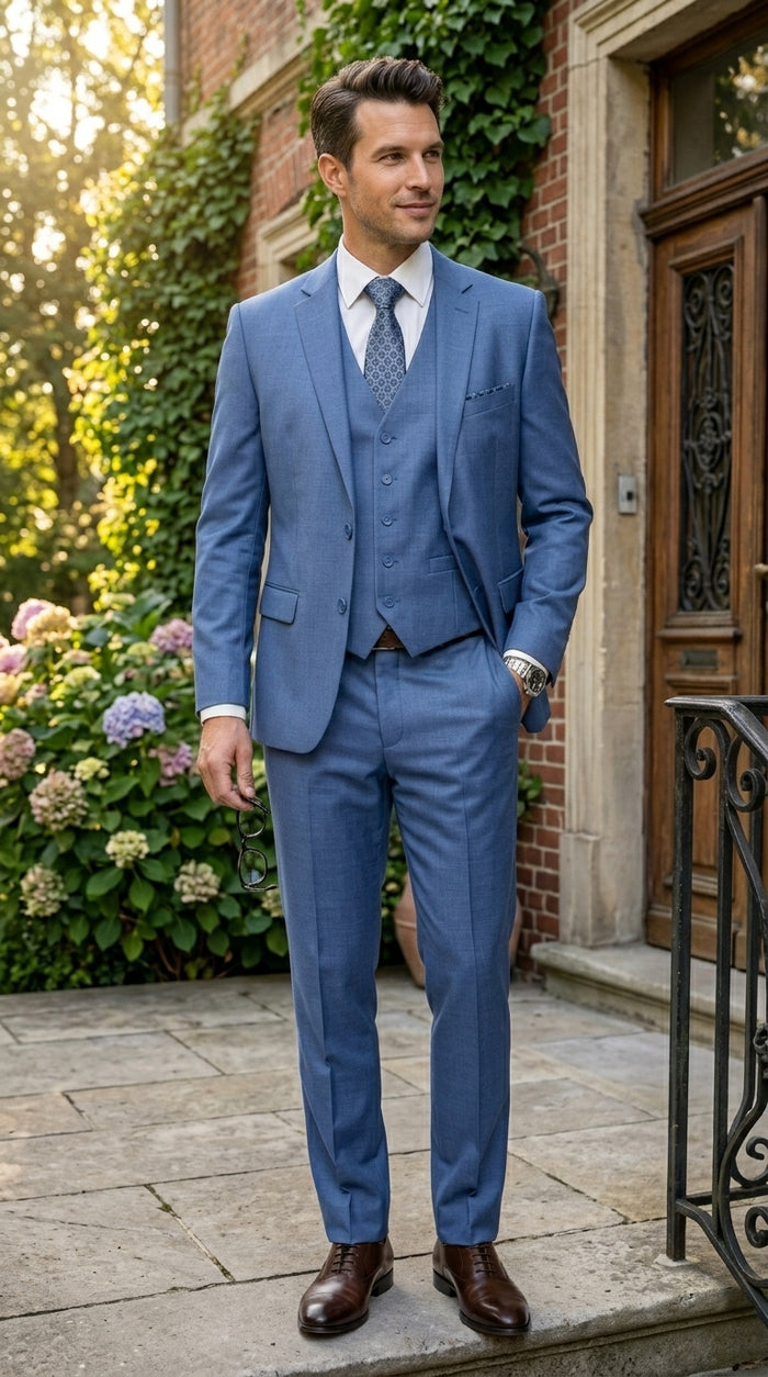Men’s Steel Blue 3 Piece Prom Suit, Dusty Blue Vested Wedding Formal Suit Set